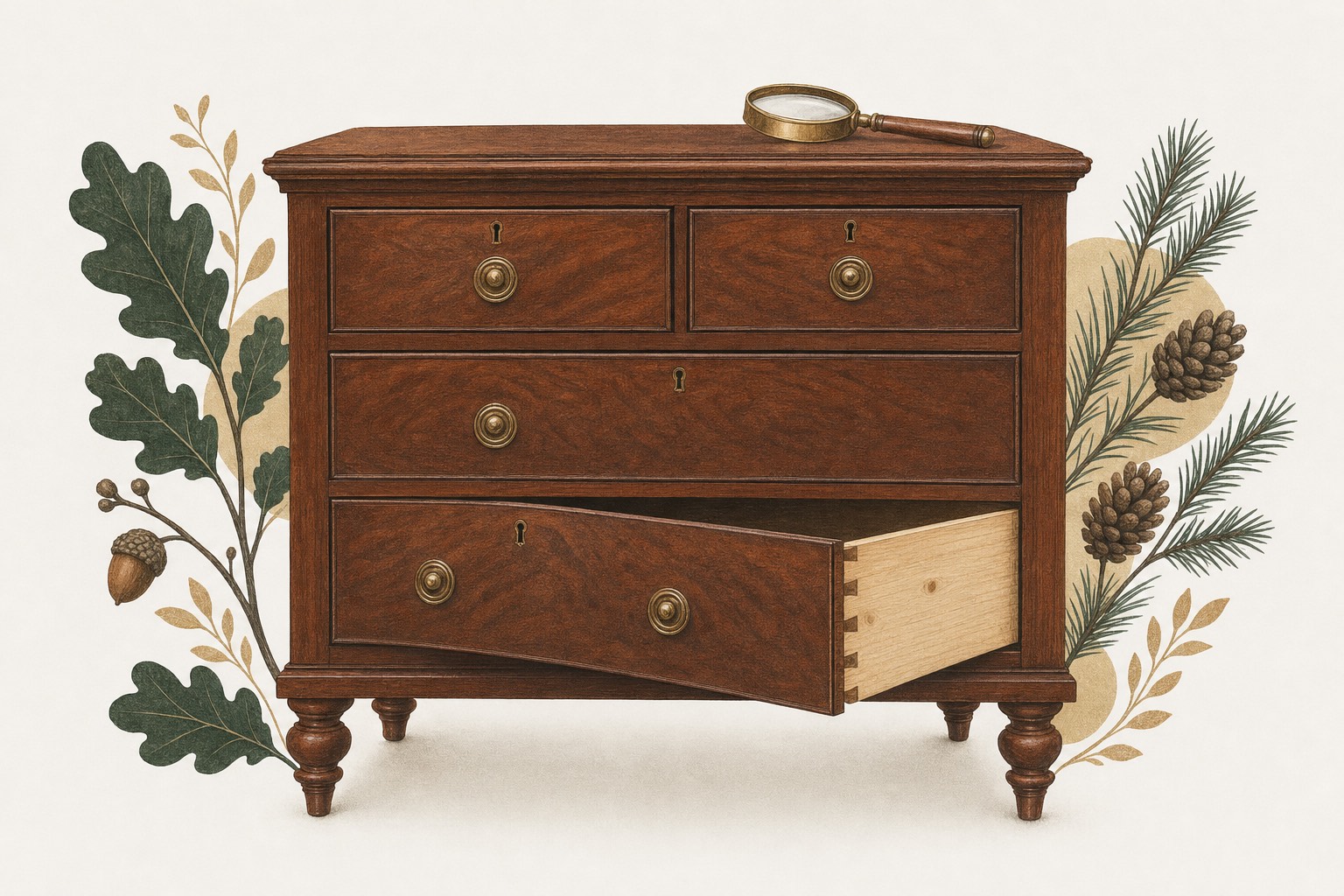 Illustration of an antique wooden chest of drawers with an open drawer showing hand-cut dovetails