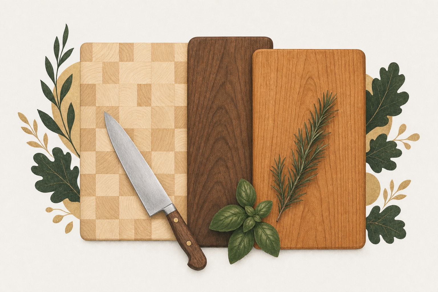 Illustration of maple, walnut and cherry cutting boards with a chef's knife and herbs