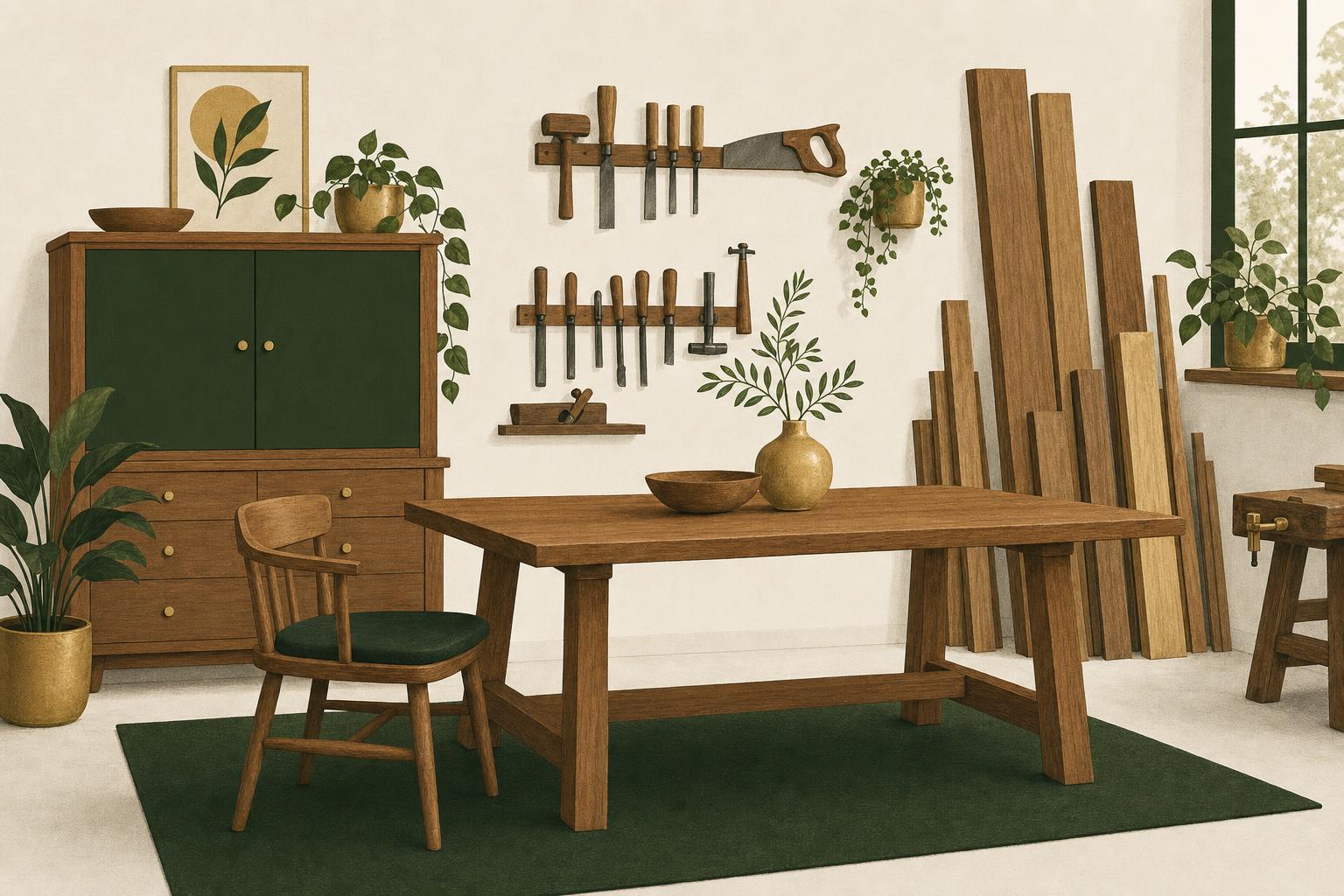 Illustration of a workshop with a wooden table, chair, cabinet and stacked lumber