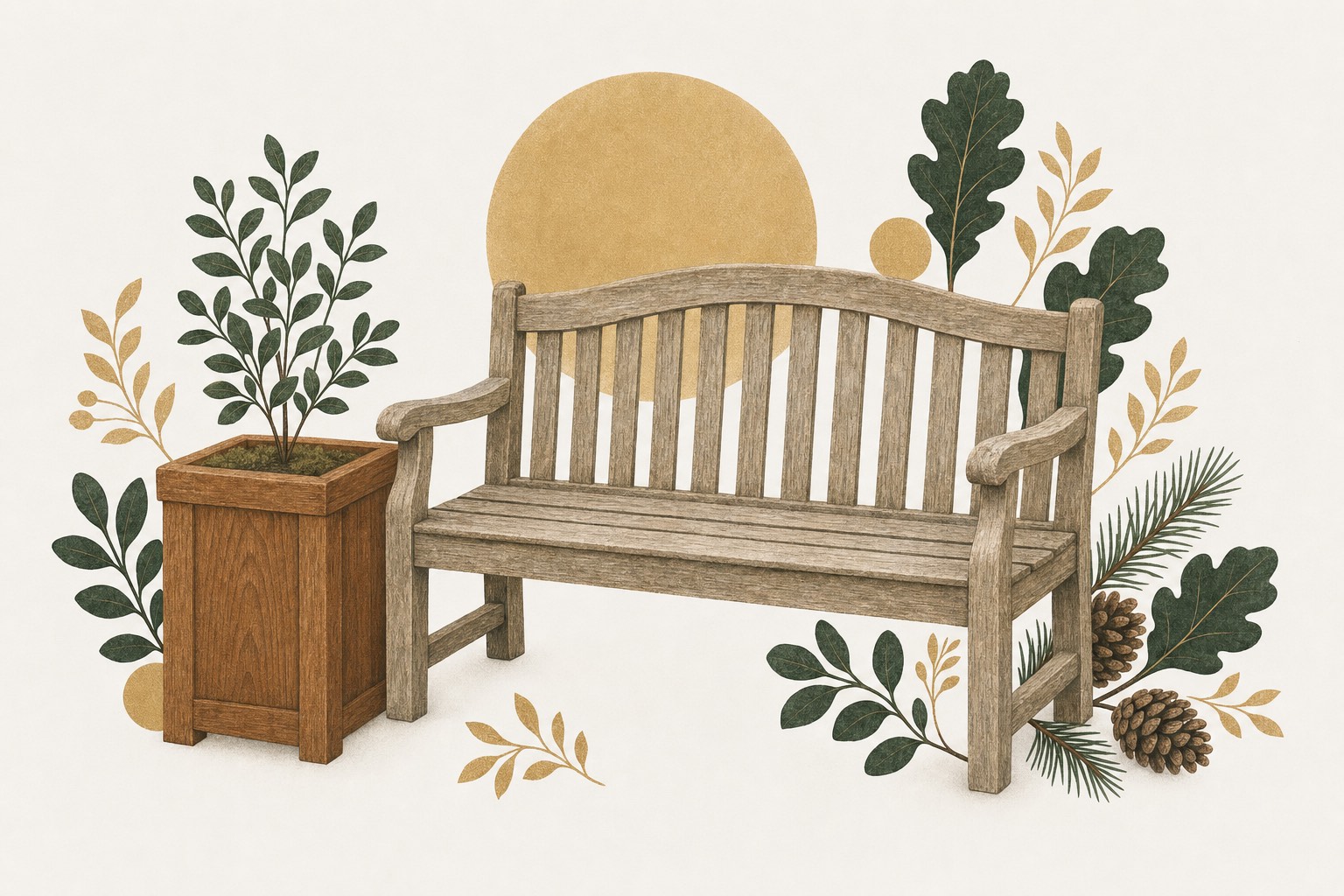 Illustration of a weathered teak garden bench and cedar planter among leaves under soft sunlight