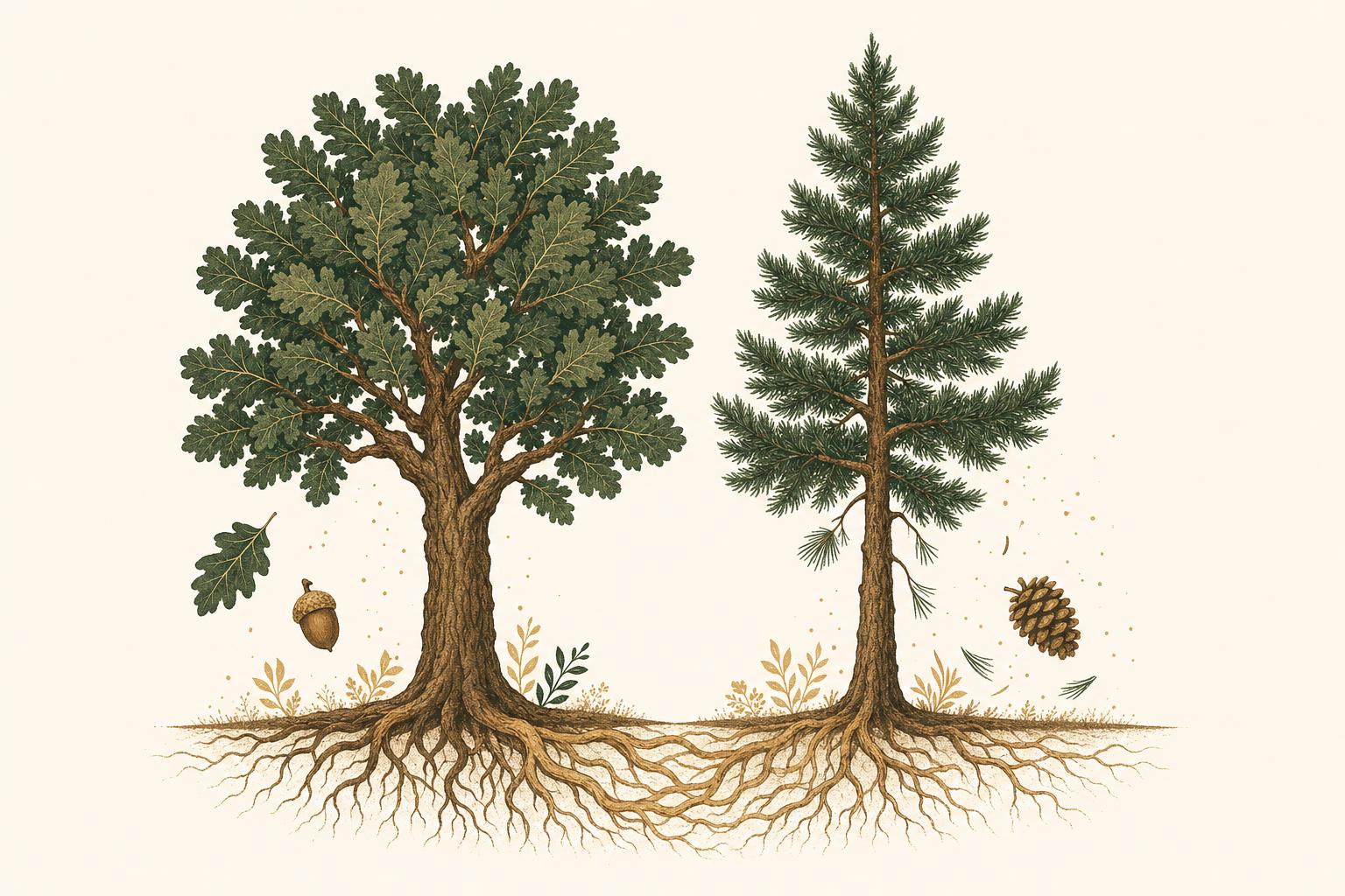 Illustration of a broadleaf hardwood tree beside a coniferous softwood tree