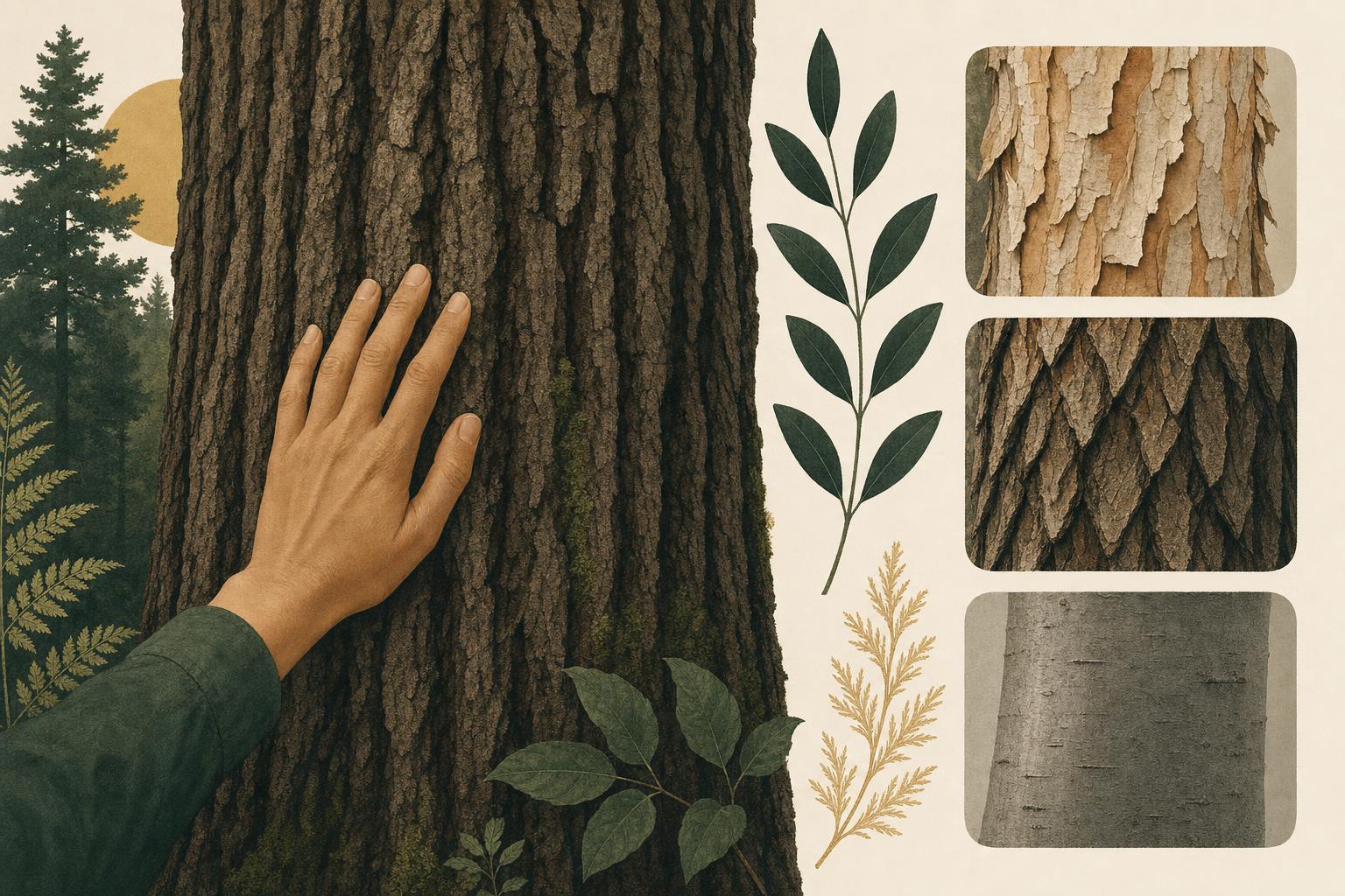 Illustration of a hand on ridged tree bark with swatches of different bark textures