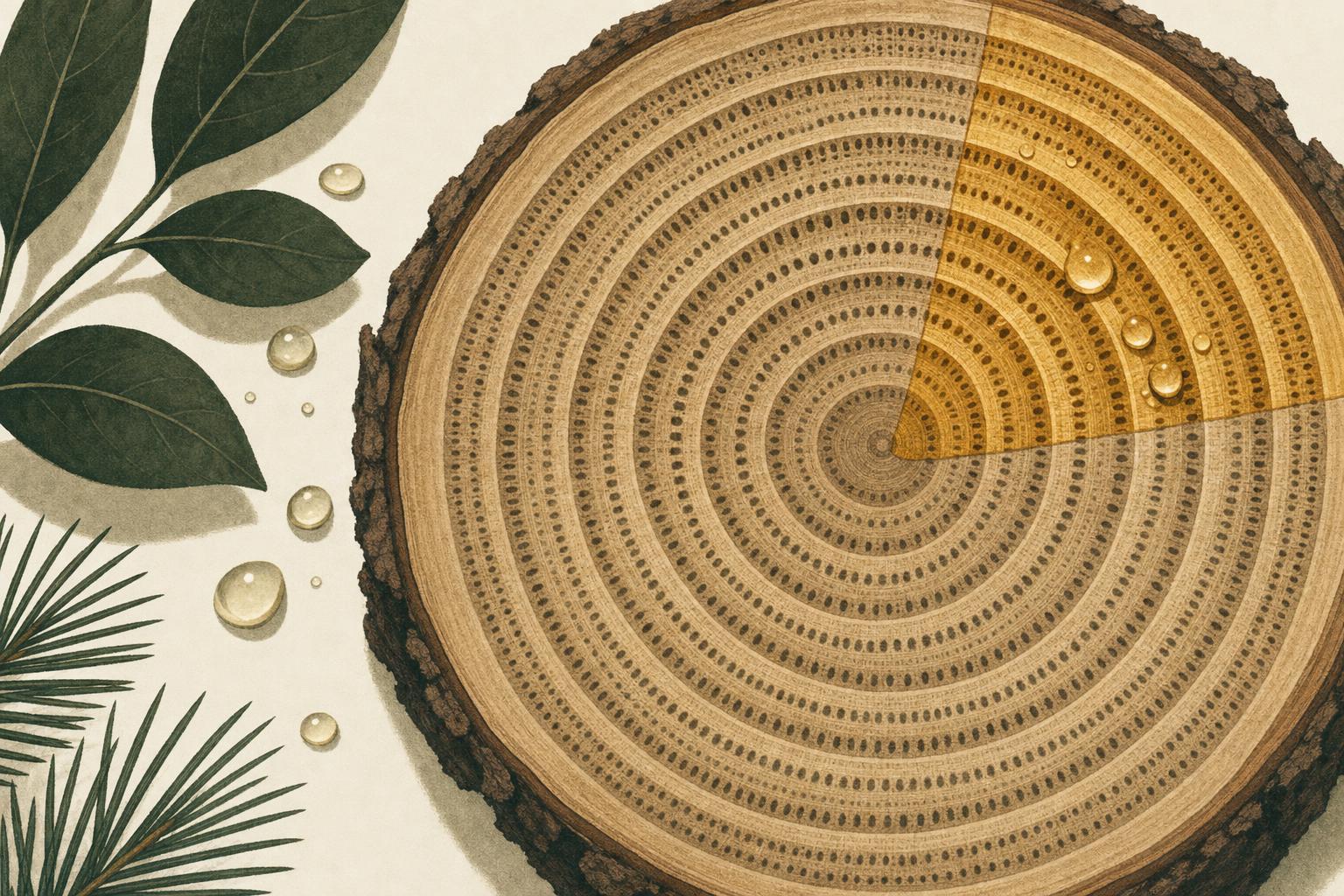 Illustration of a log cross-section showing growth rings and pore bands in the end grain