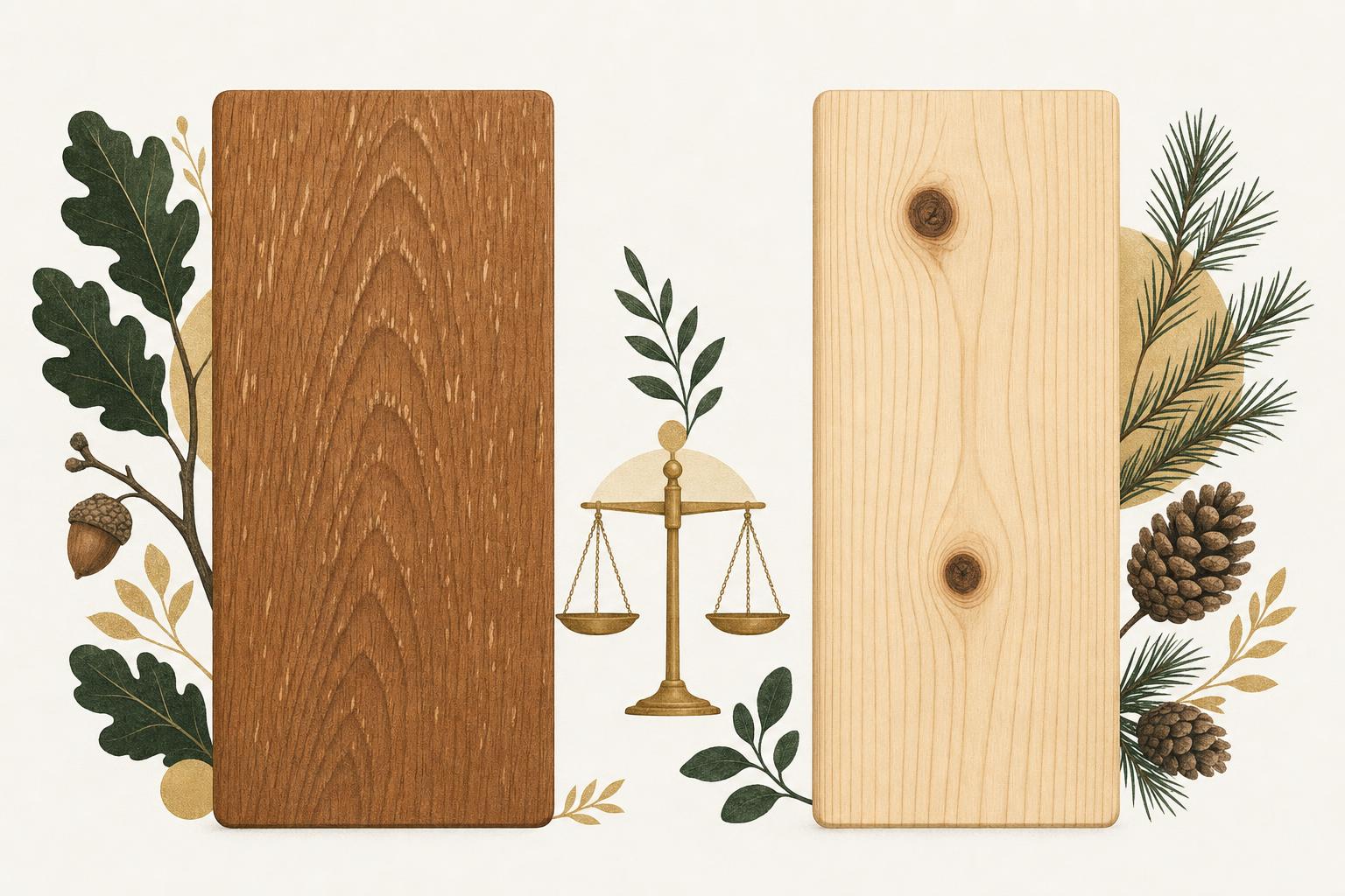 Illustration comparing an oak board with open grain to a knotty pine board