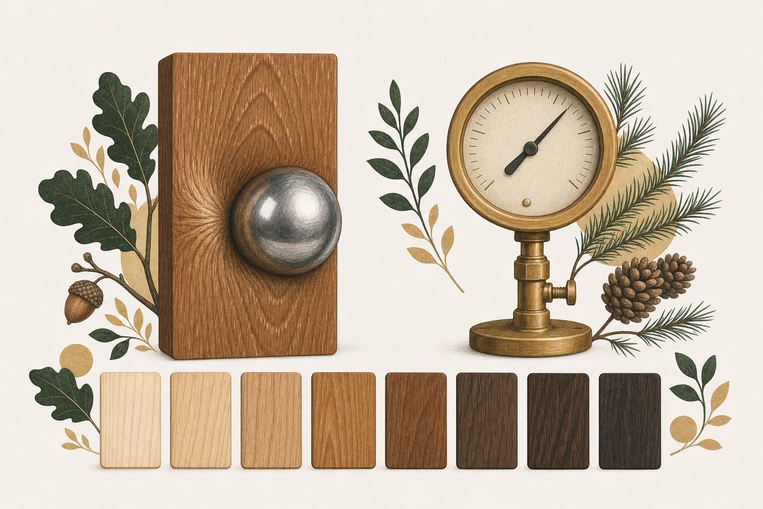 Illustration of a steel ball pressing into a wood sample beside a gauge and a stack of wood samples