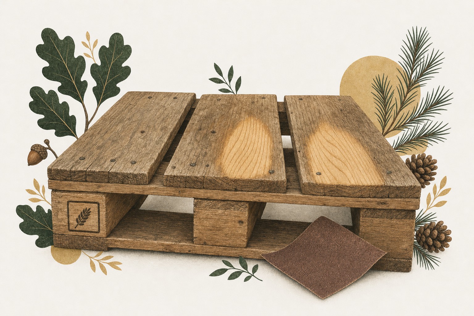 Illustration of a stacked wooden pallet with a heat-treated stamp and sanded boards beside it