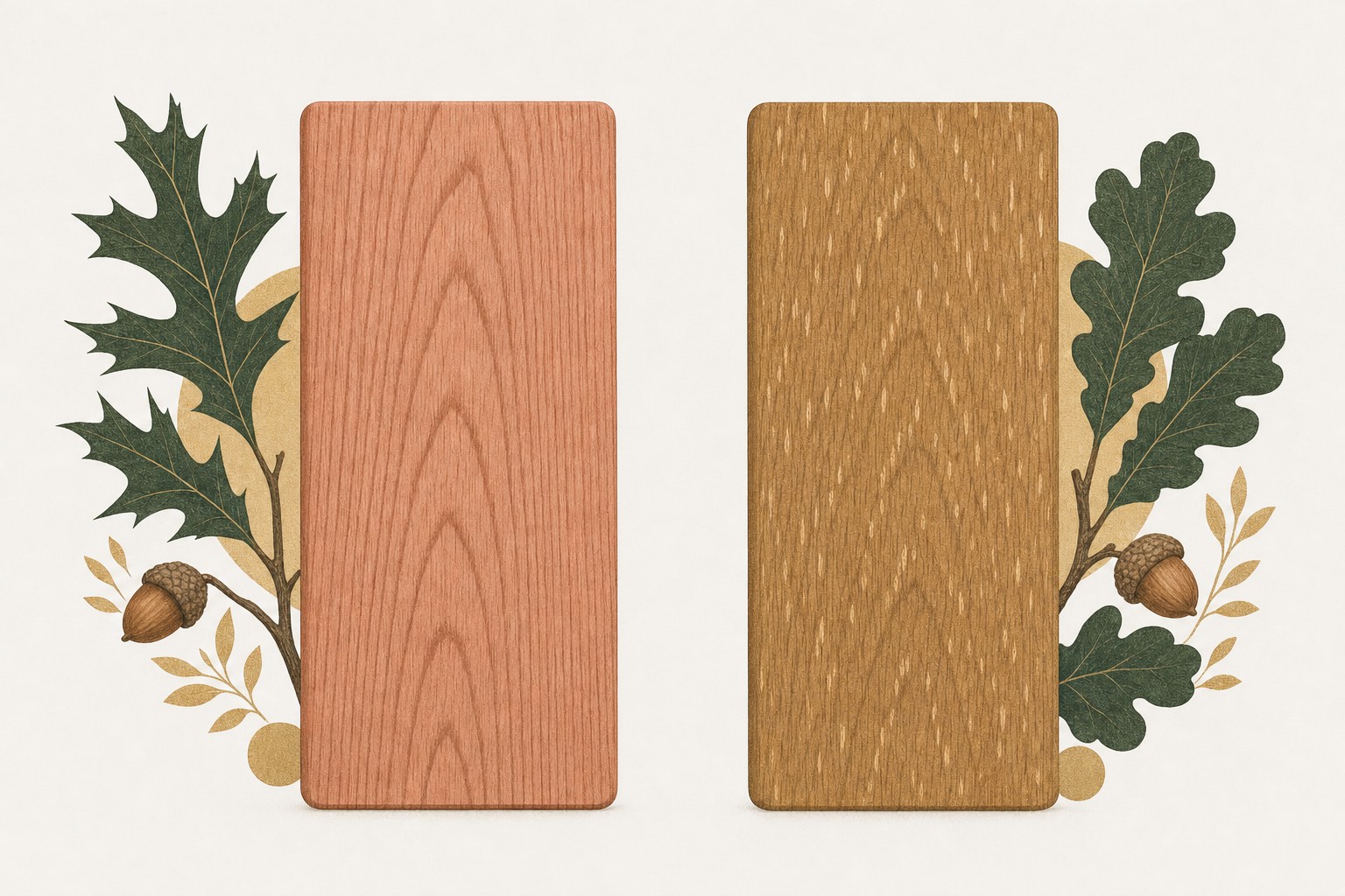 Illustration of a pinkish red oak board and a tan white oak board with their pointed and rounded leaves and acorns